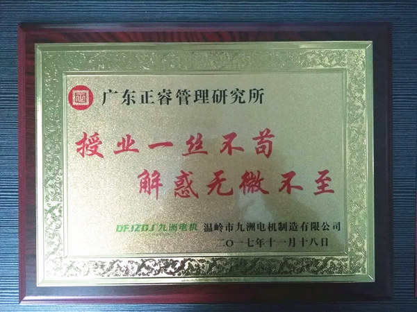 溫嶺市九洲電機制造有限公司贈與廣州正睿授業(yè)一絲不茍與，解惑無微不至牌匾